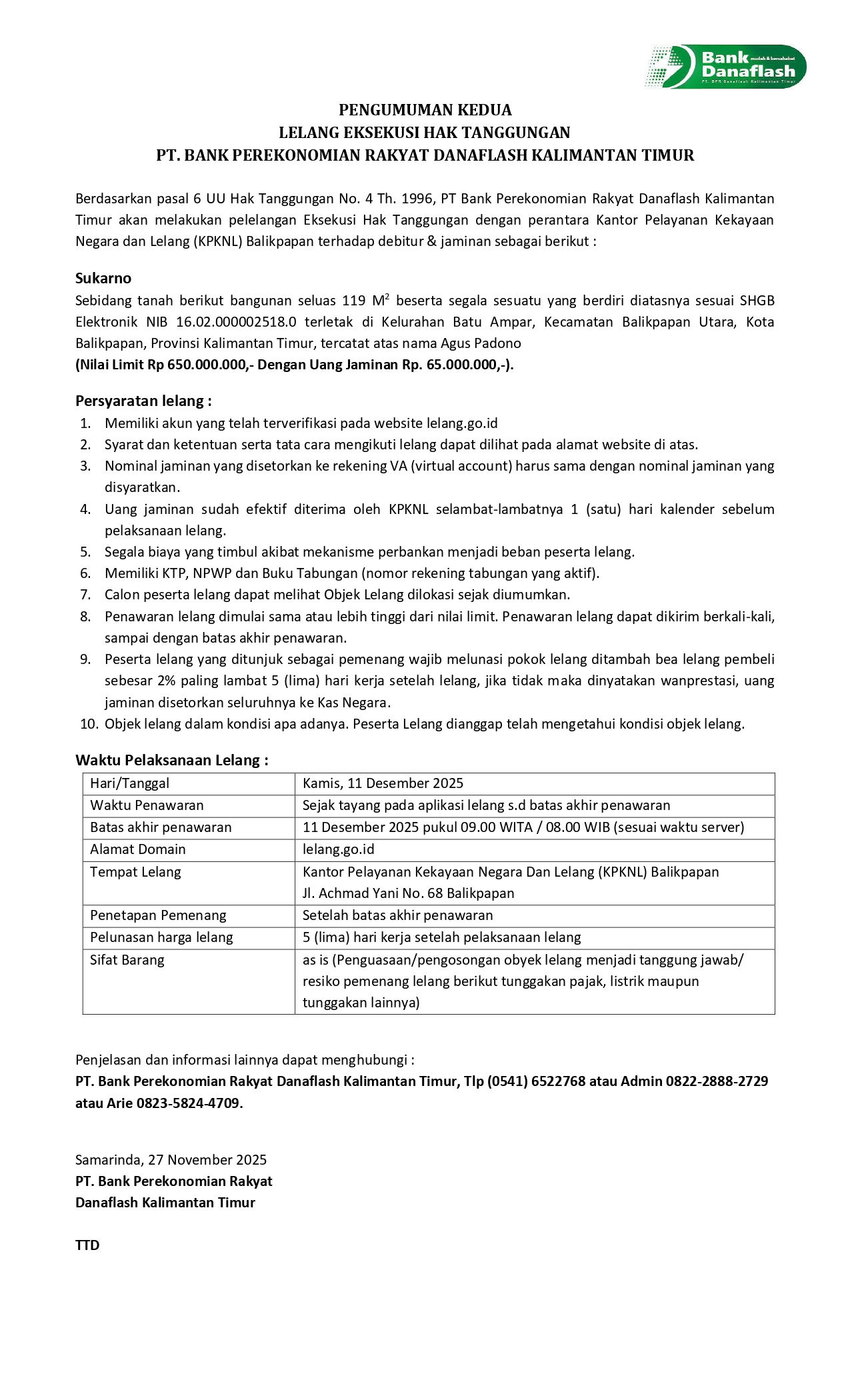 Pengumuman Lelang Kedua